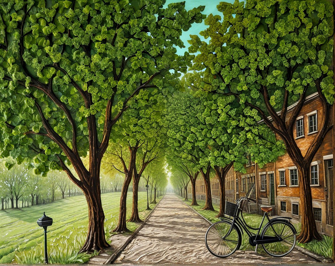 Lush Green Tree-Lined Street with Cobblestone Path