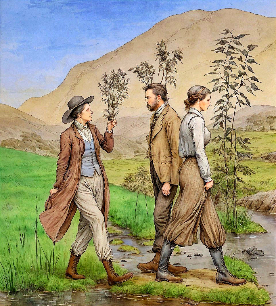 Serene Landscape with Vintage-Dressed Figures