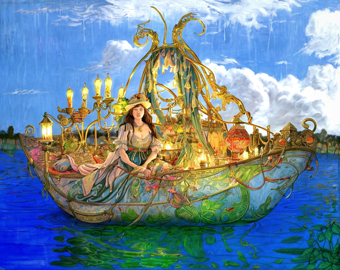 Young woman in ornate boat on serene water scene