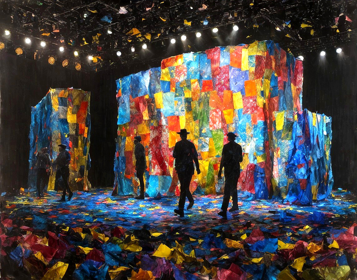 Vibrant Theatrical Stage with Colorful Backdrop and Silhouettes