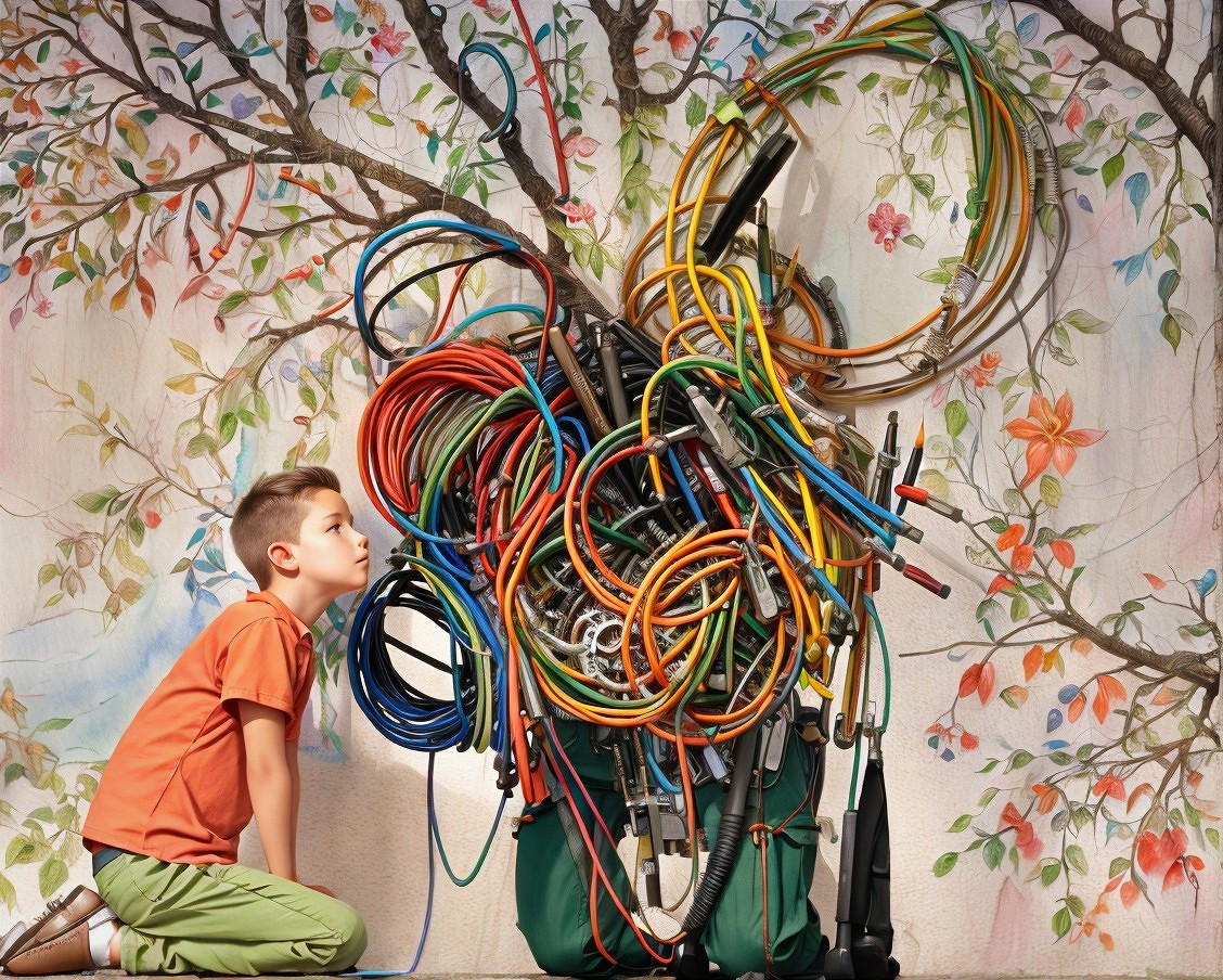 Young boy explores colorful hose creature installation