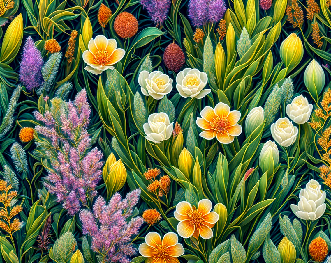 Detailed Illustration of Colorful Flowers and Plants in Orange, Yellow, and Green