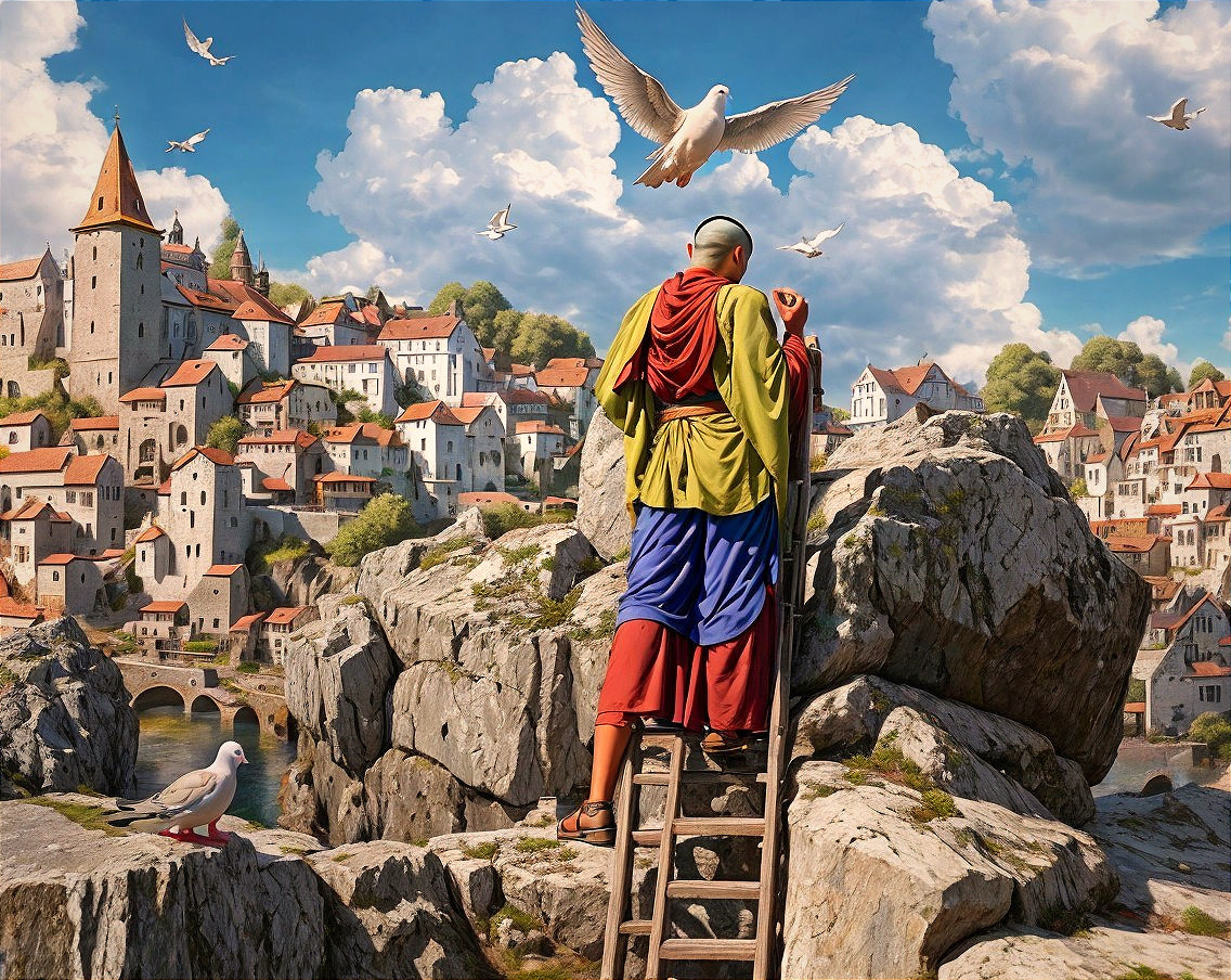 Vibrant Robe Figure Overlooking Lush Village Scene
