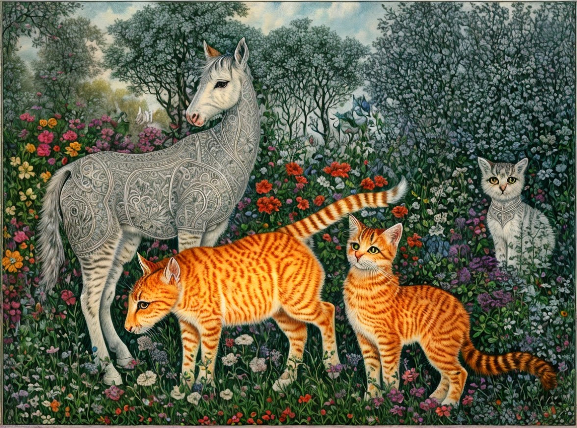 Whimsical Garden Scene with Horse and Playful Cats
