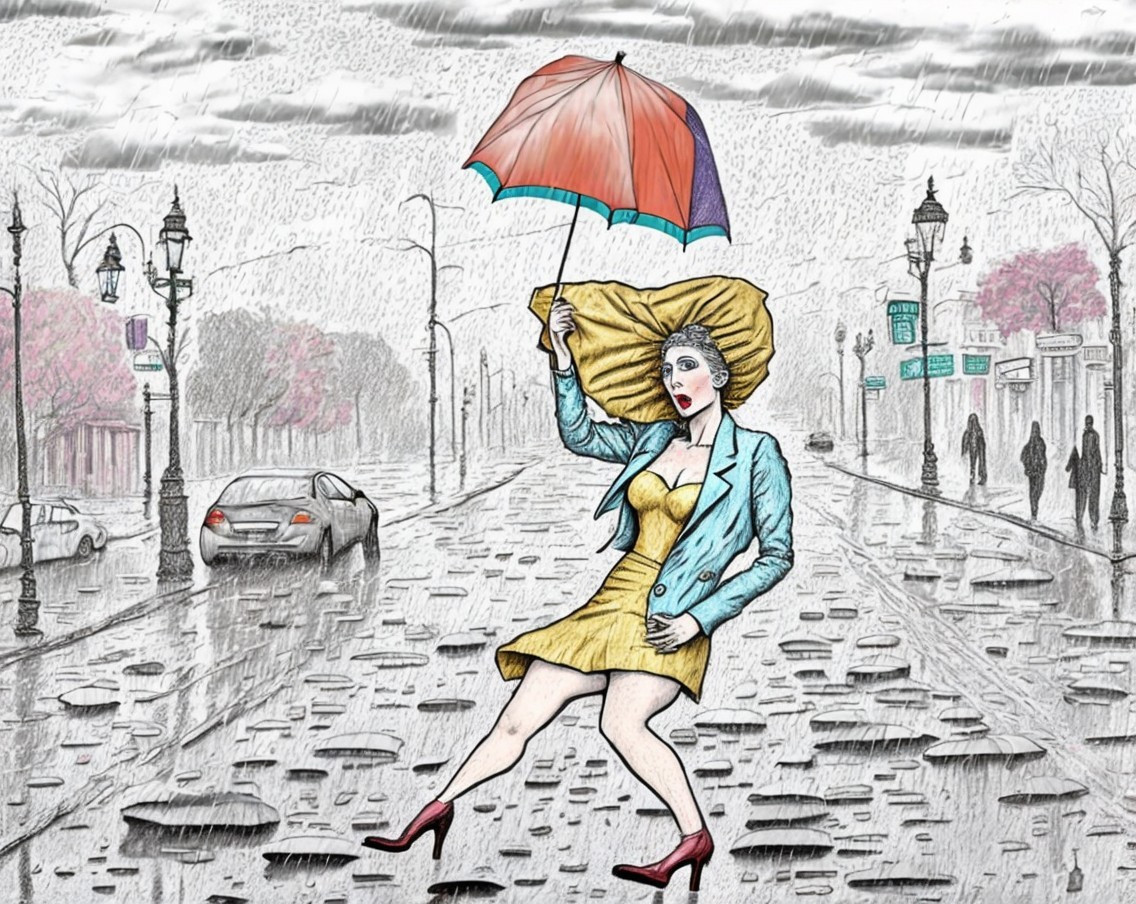 Whimsical Rainy Scene with Woman and Colorful Umbrella