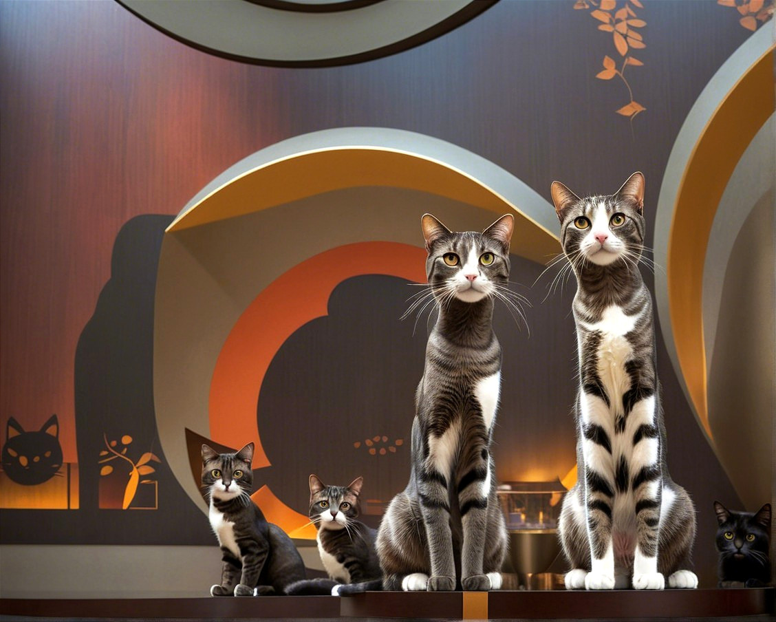 Stylized Cartoon Cats in Artistic Interior Setting