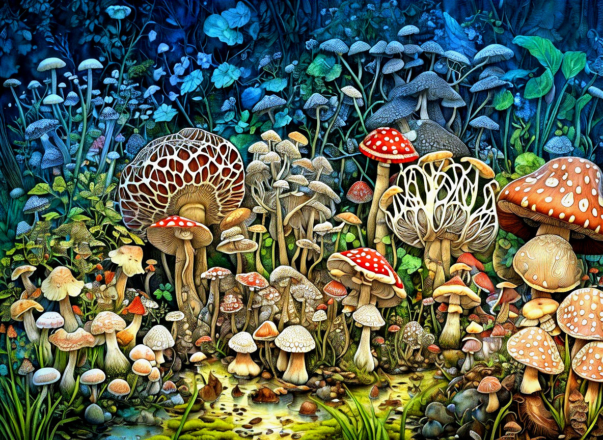 Vibrant Forest Scene with Diverse Colorful Mushrooms