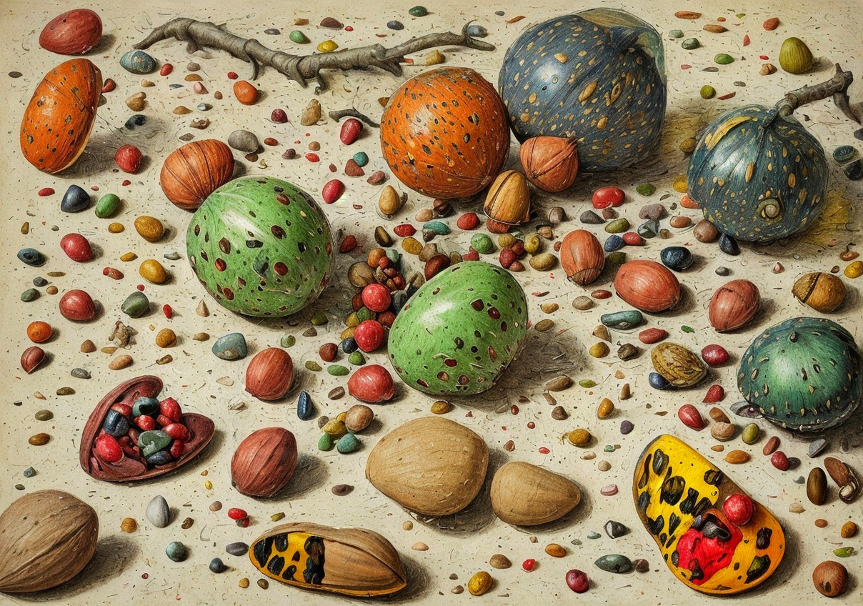 Colorful Nuts, Pebbles, and Seeds on Beige Surface