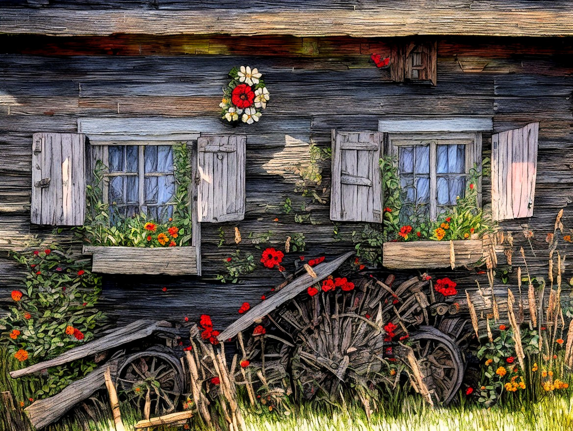 Charming Wooden House with Rustic Features and Flowers