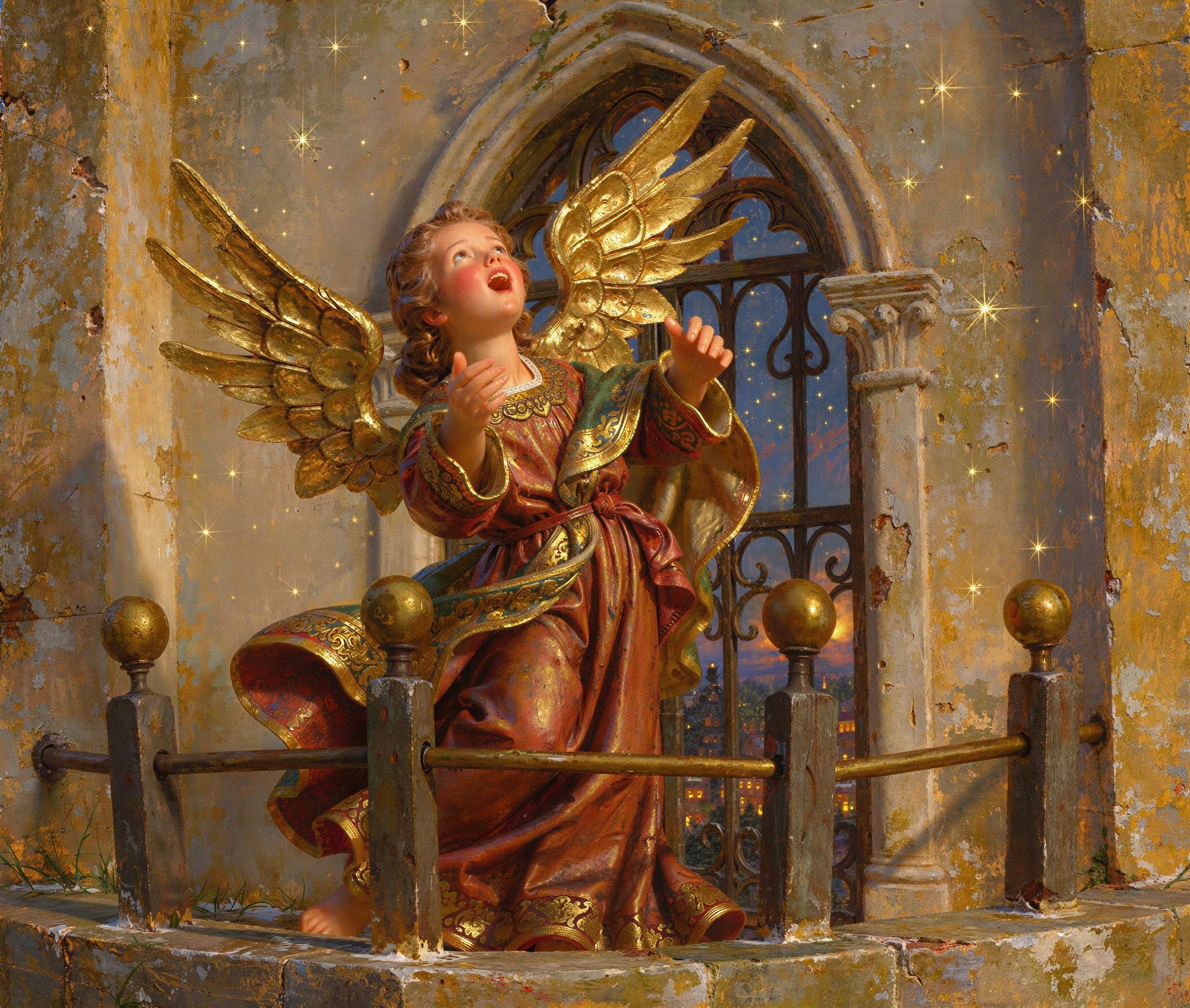 Cherubic Angel on a Balcony Under Sparkling Stars