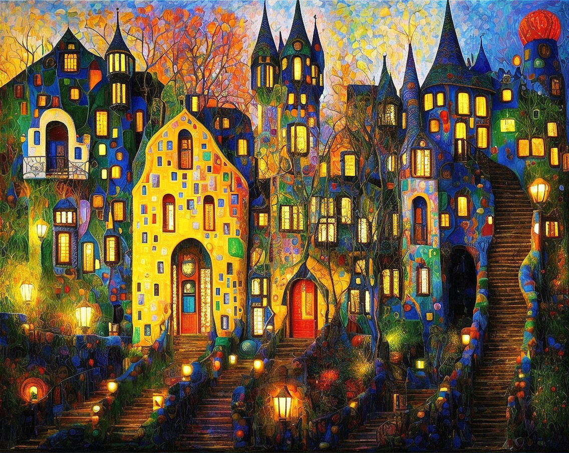 Colorful Village Painting with Stylized Houses and Serpentine Staircases