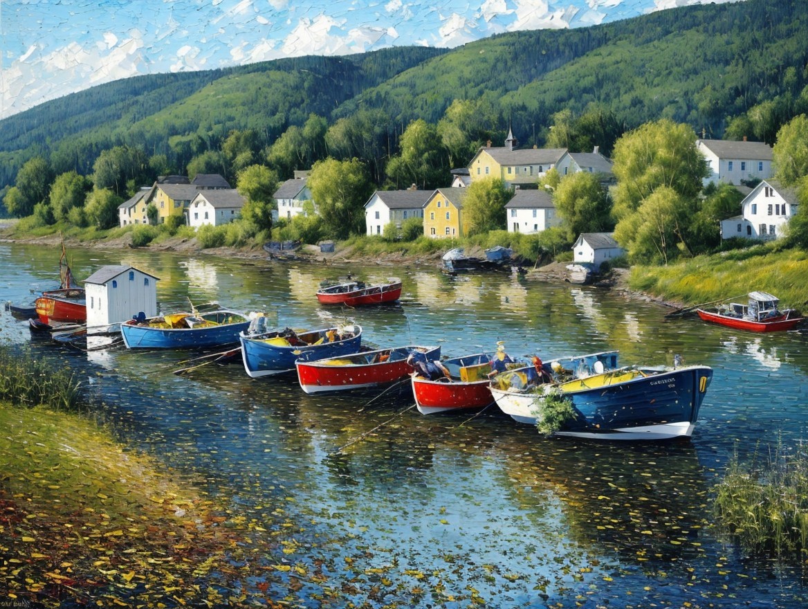 Serene Riverside Scene with Colorful Boats and Hills