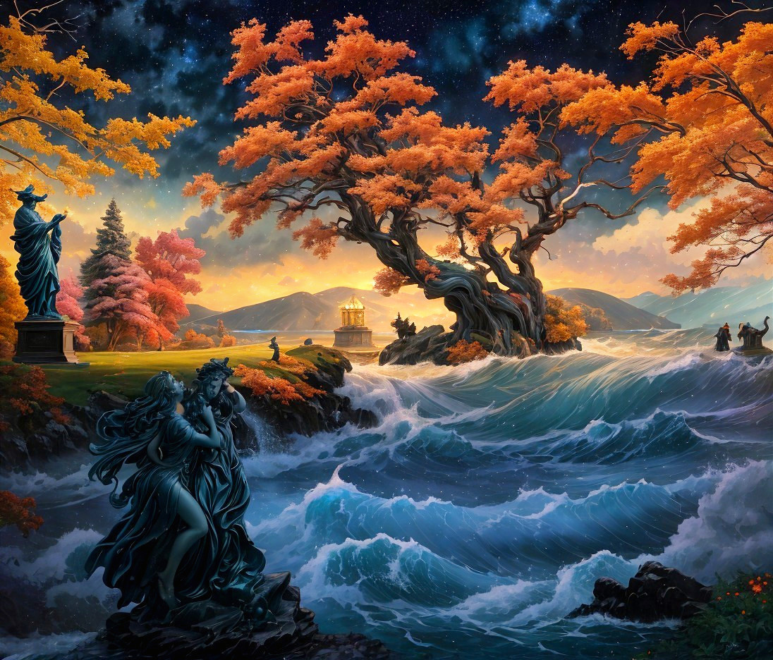 Fantastical scene: stormy seas, mythological statues, orange tree, starry sky,