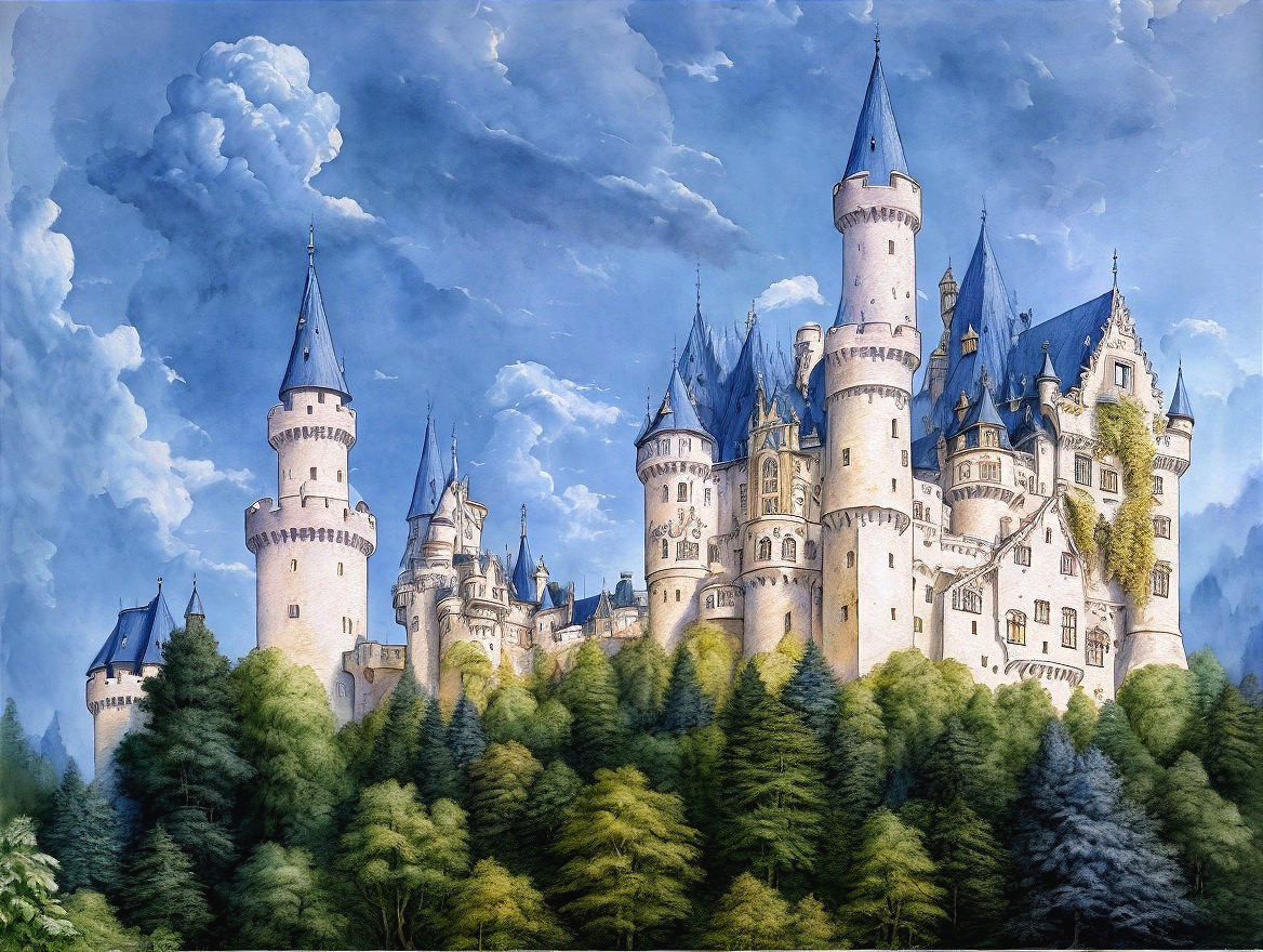 Majestic fairytale castle on forested hill under blue sky