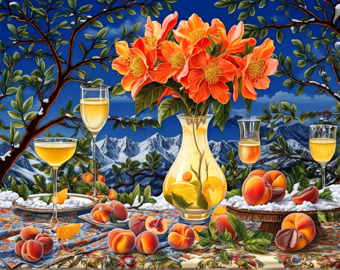 Still Life with Orange Flowers and Mountain View