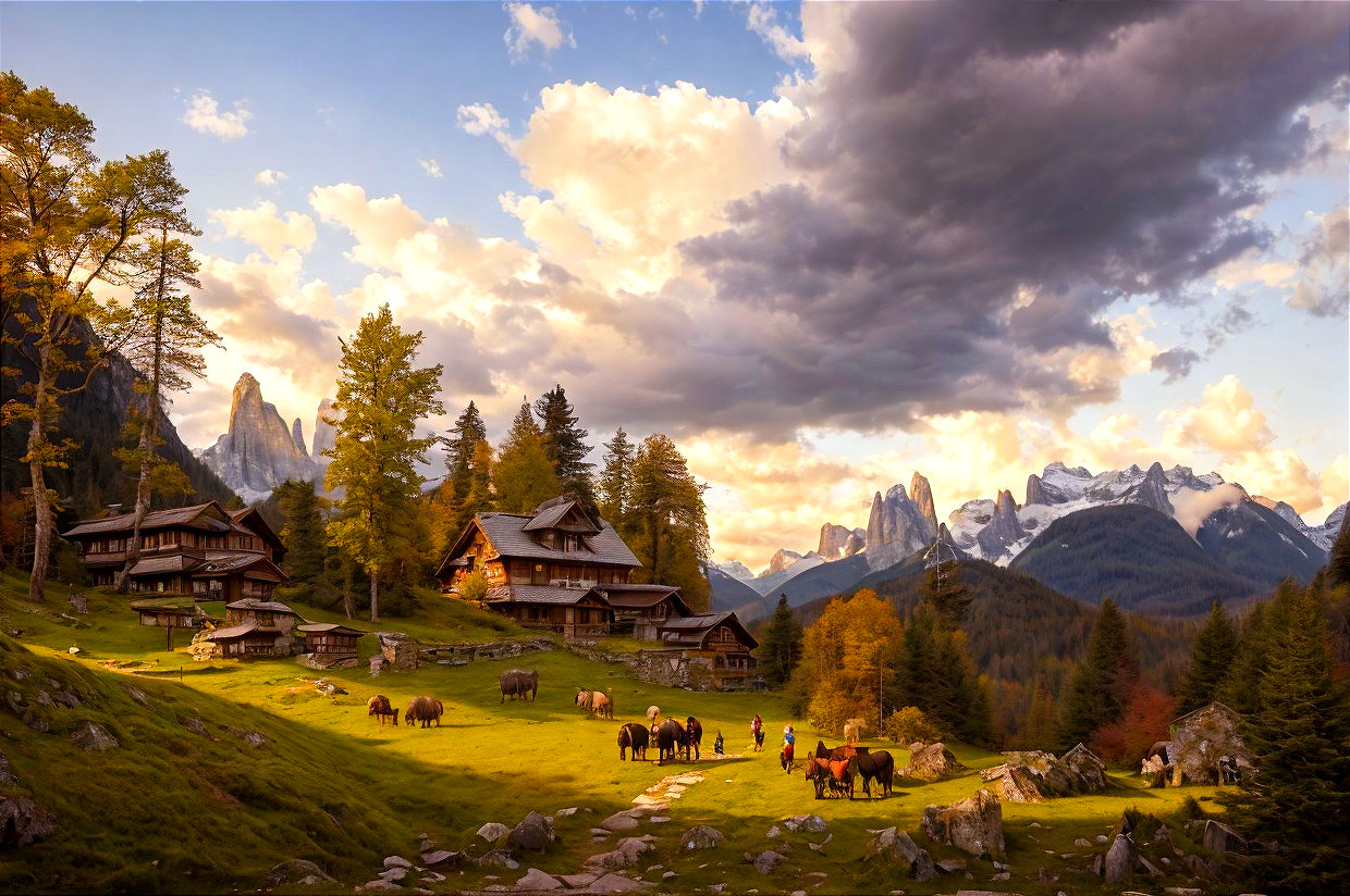 Mountain village at sunset: alpine houses, horses, towering peaks, dramatic sky