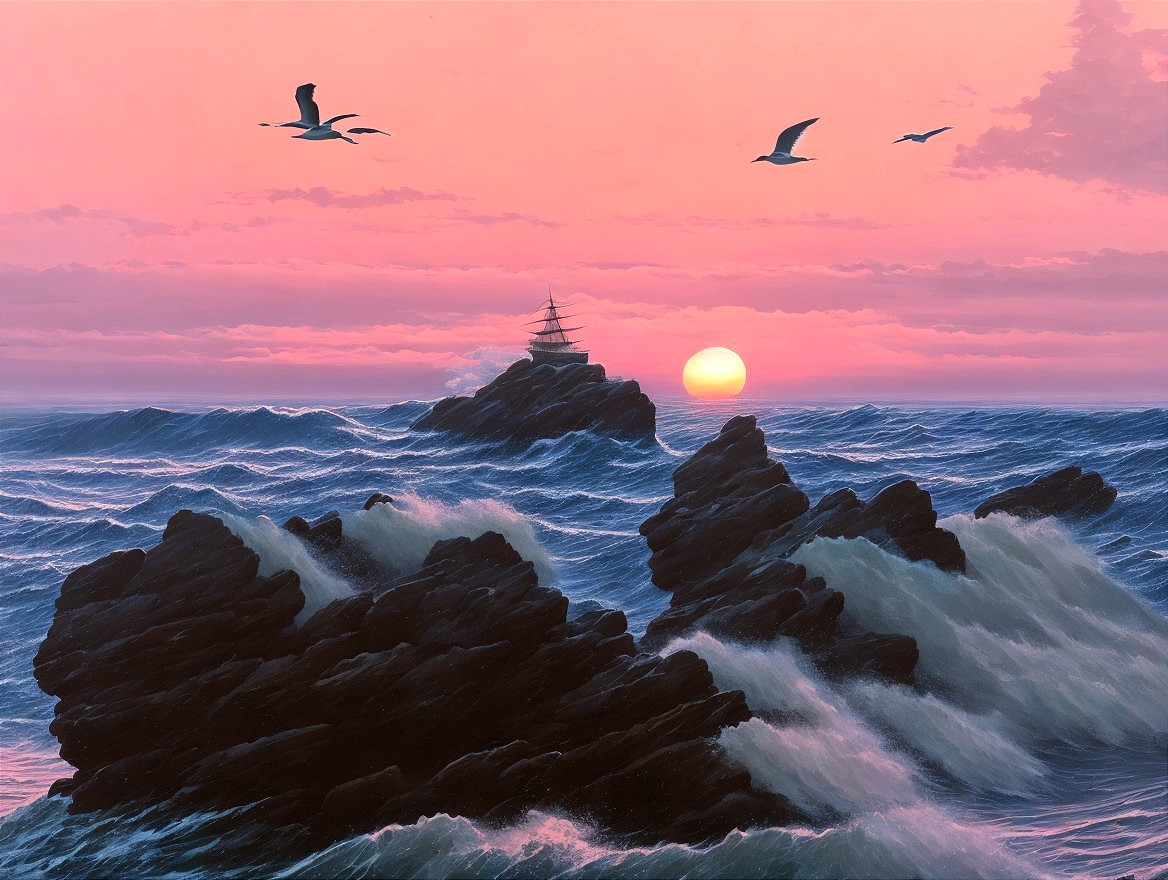 Serene Seascape at Sunset with Rocky Coastline