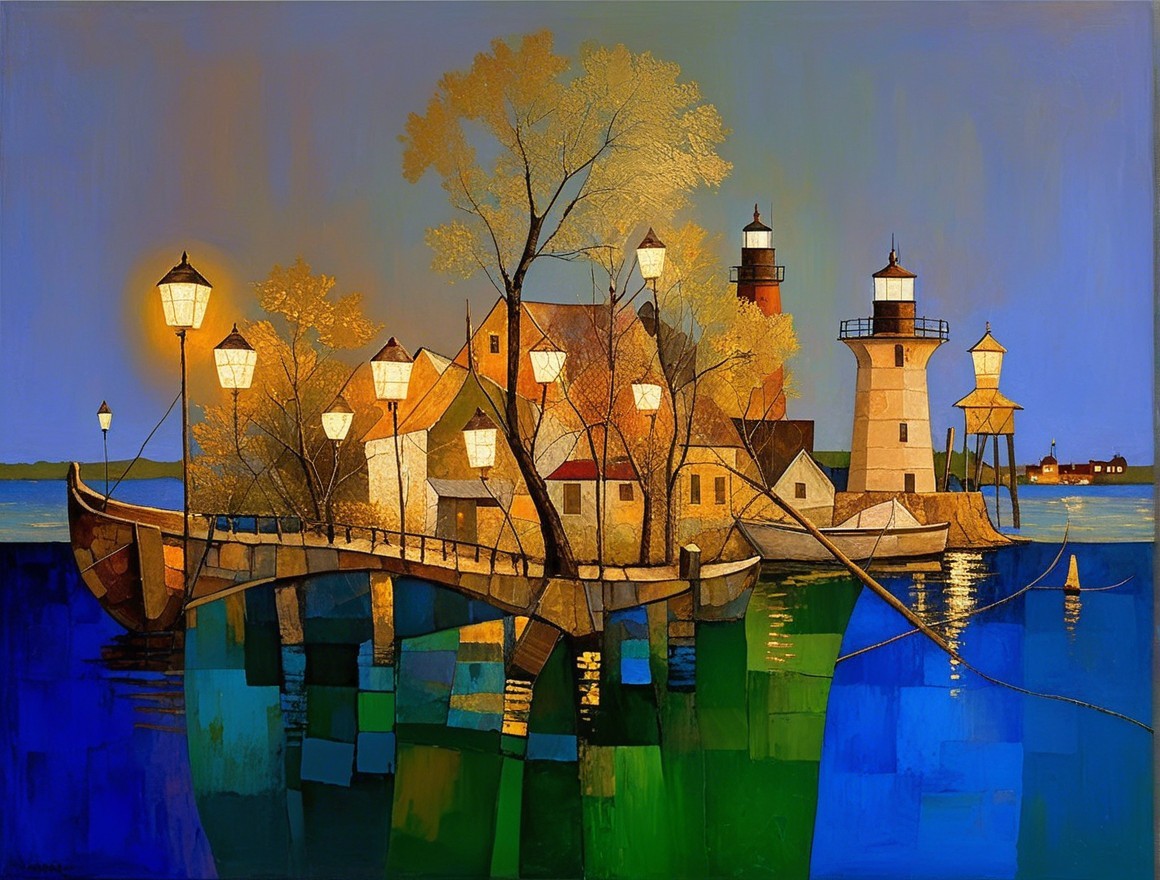 Vibrant Waterfront Village with Lanterns at Dusk