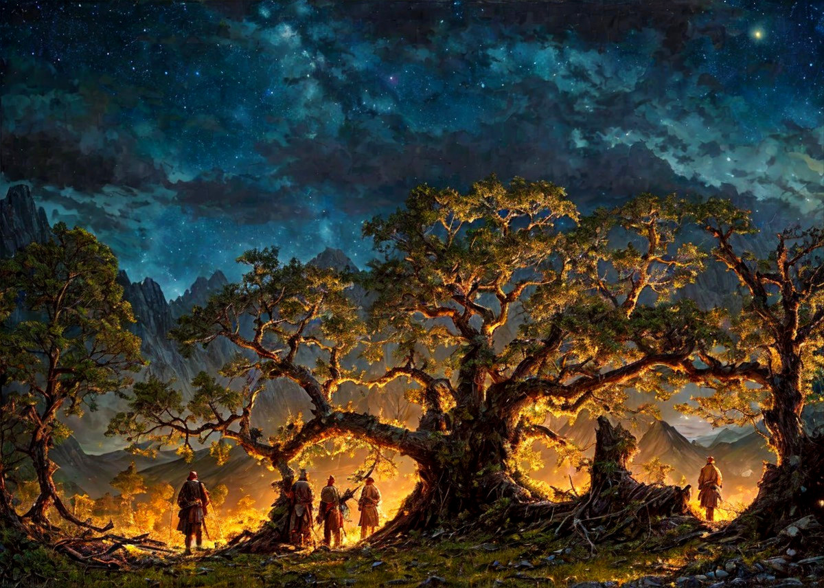 Travelers by a Fire Under a Starry Sky in a Forest