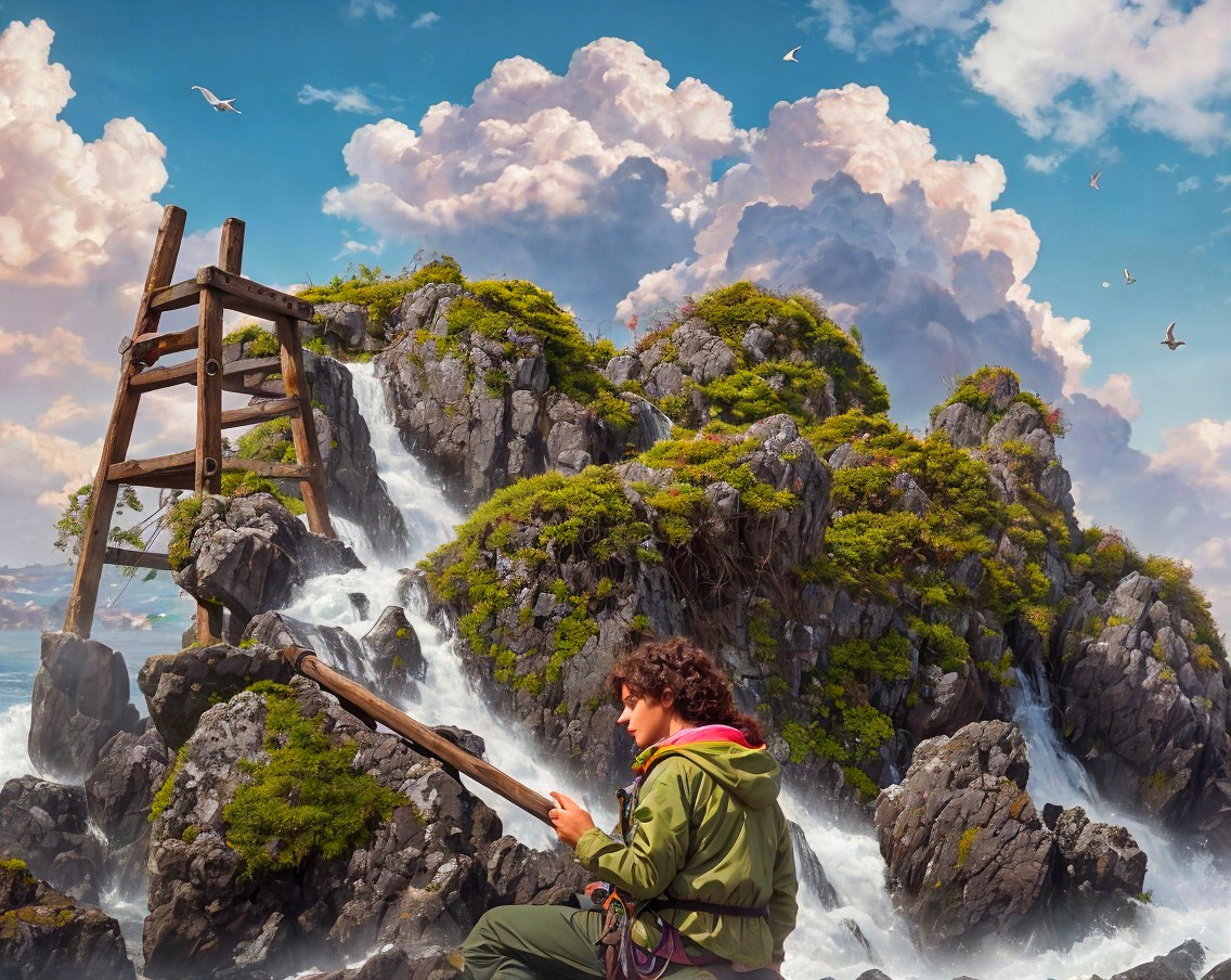 Coastal Landscape with Waterfall and Ladder Structure