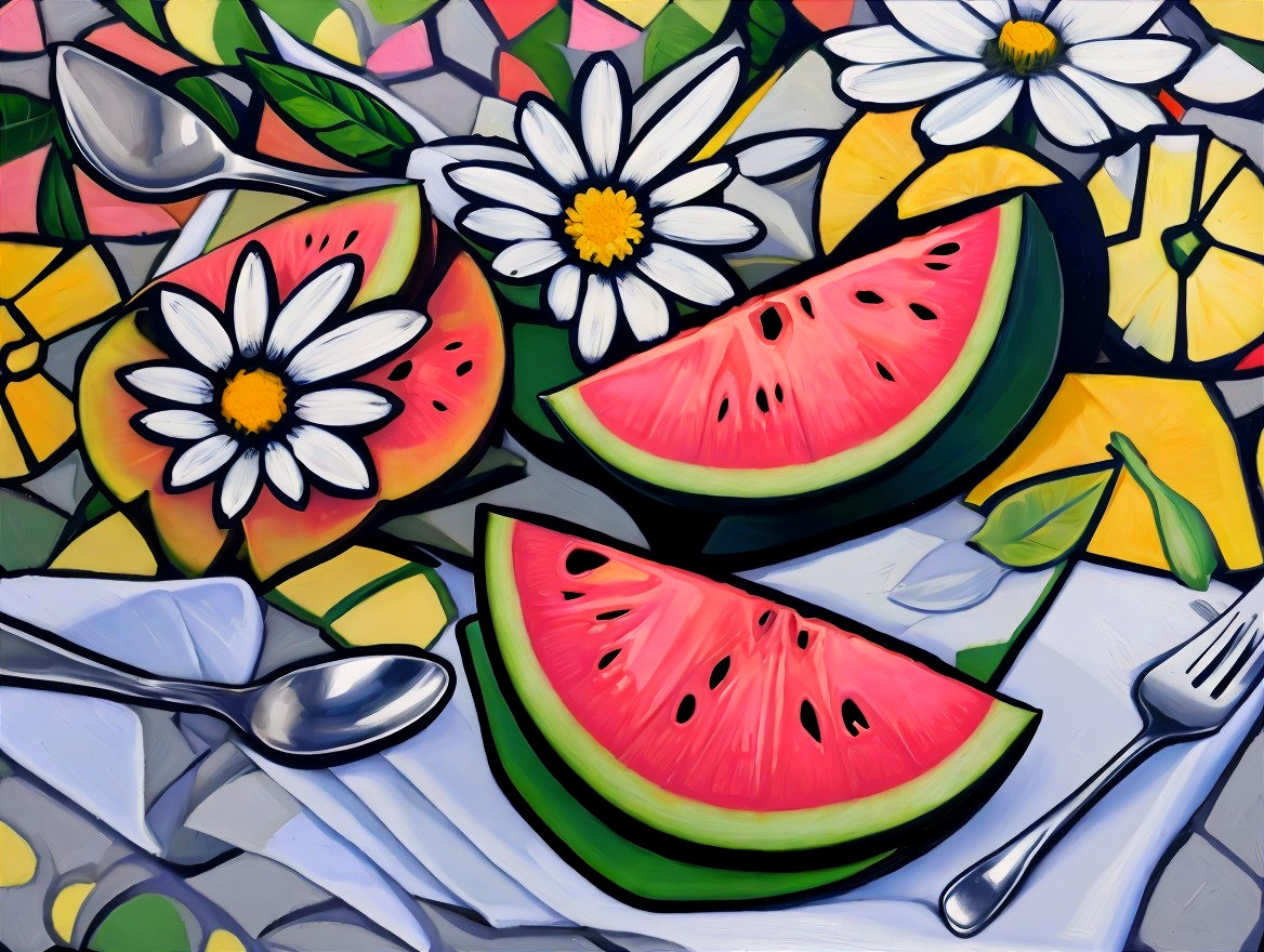 Vibrant Still Life of Watermelon and Citrus Arrangement