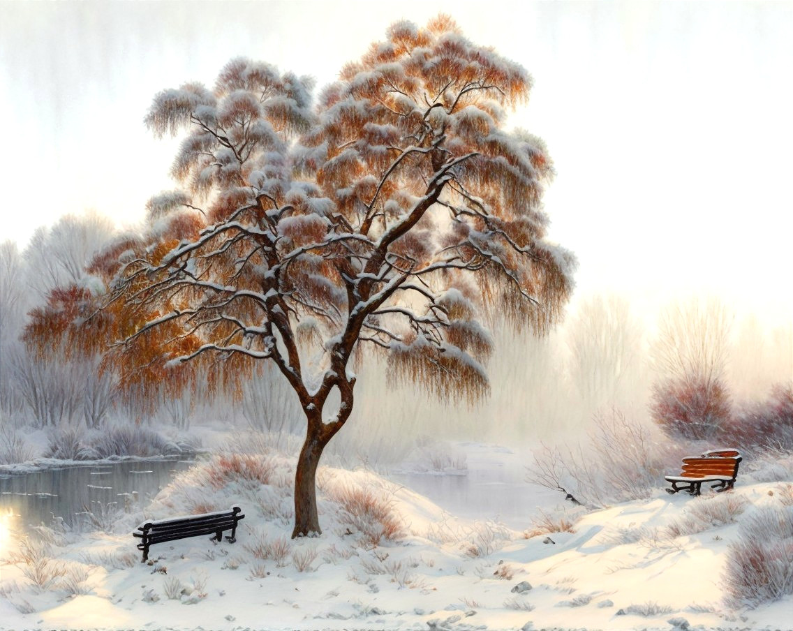 Serene Winter Landscape with Snowy Tree and Pond