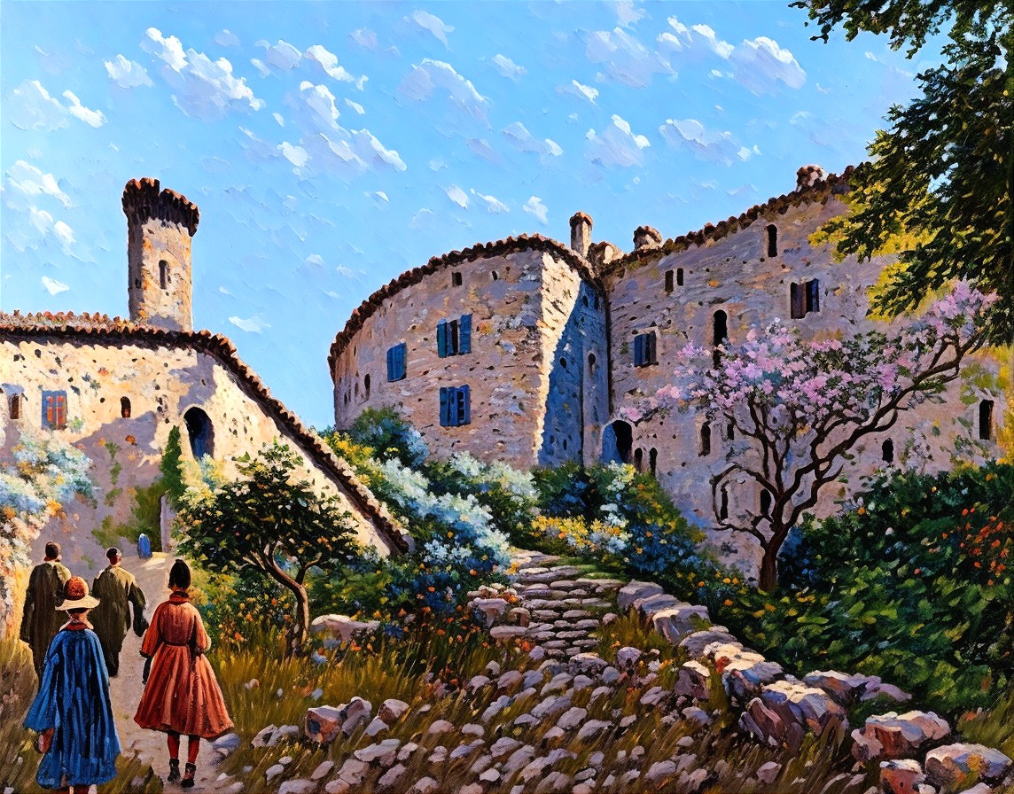 Quaint Village Scene with Cobblestone Paths and Ruins