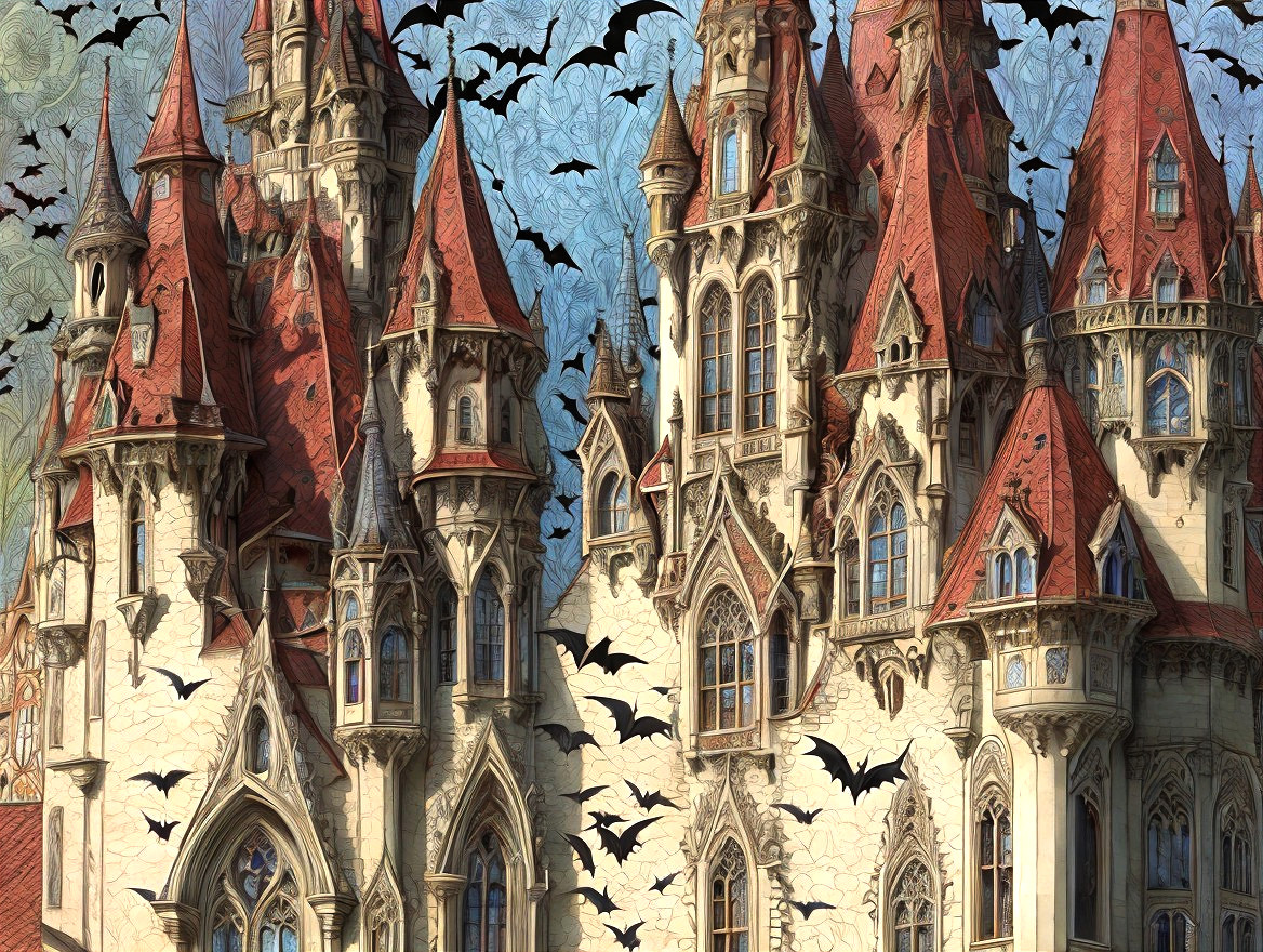 Castle with Red Roofs and Spires Against Vivid Sky