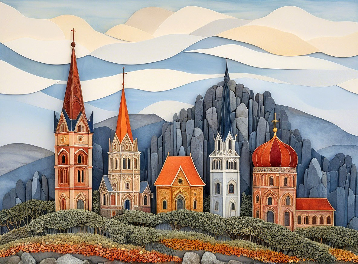 Whimsical Layered Landscape with Stylized Churches