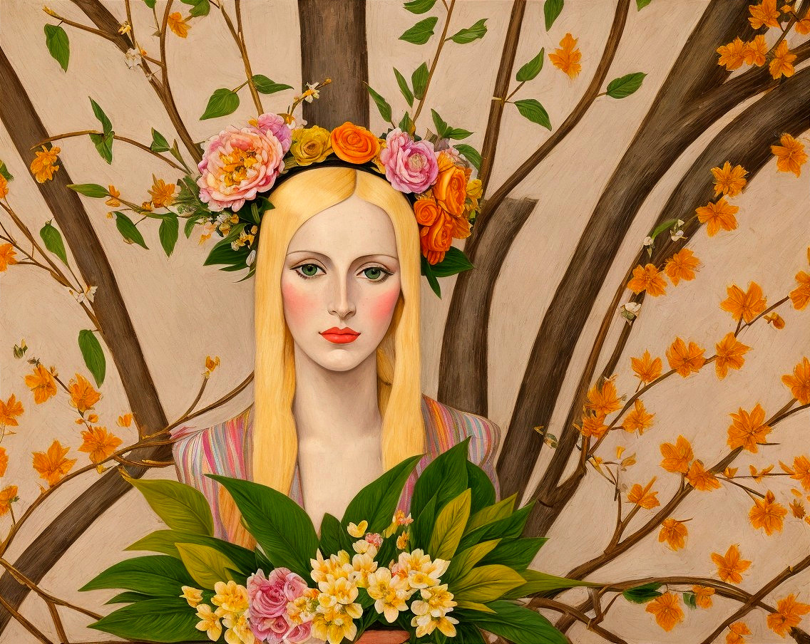 Serene Woman with Flower Crown and Nature Elements