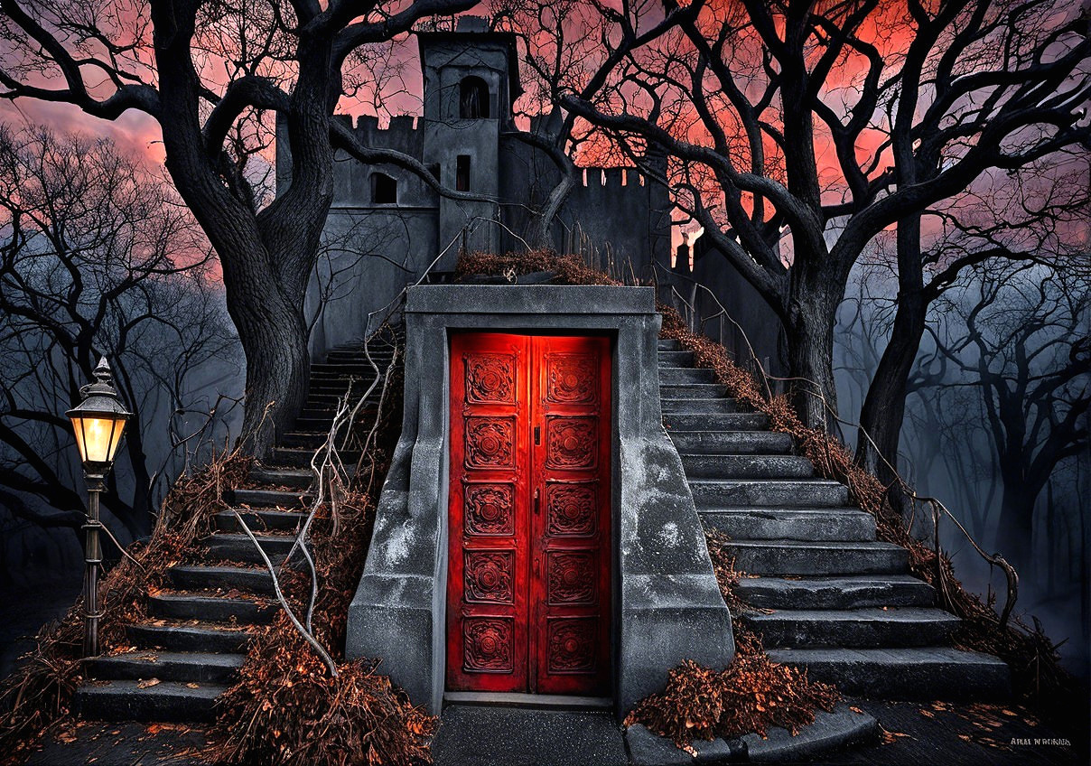 Detailed Illustration of a Gothic Castle Entrance