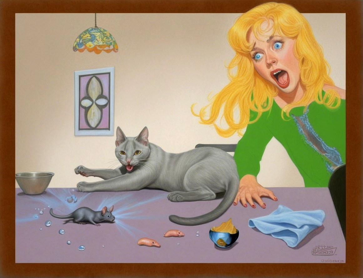 Surreal Scene of Woman and Playful Gray Cat