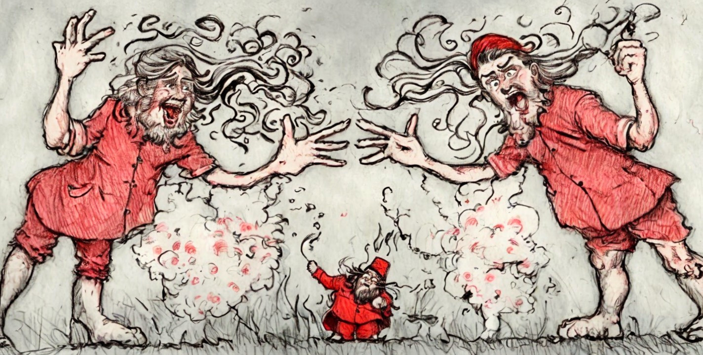 Two towering figures with wild hair in a chaotic scene