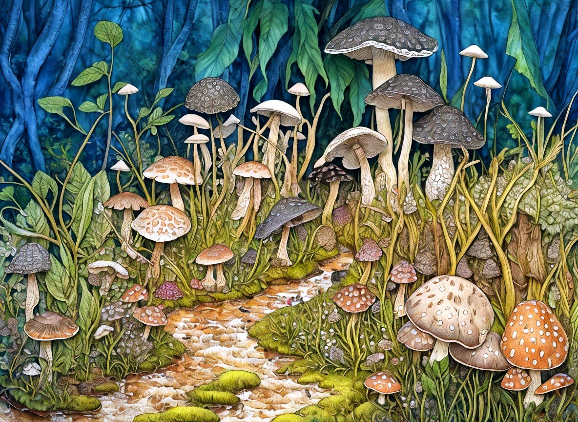 Whimsical Mushrooms in a Vibrant Forest Landscape