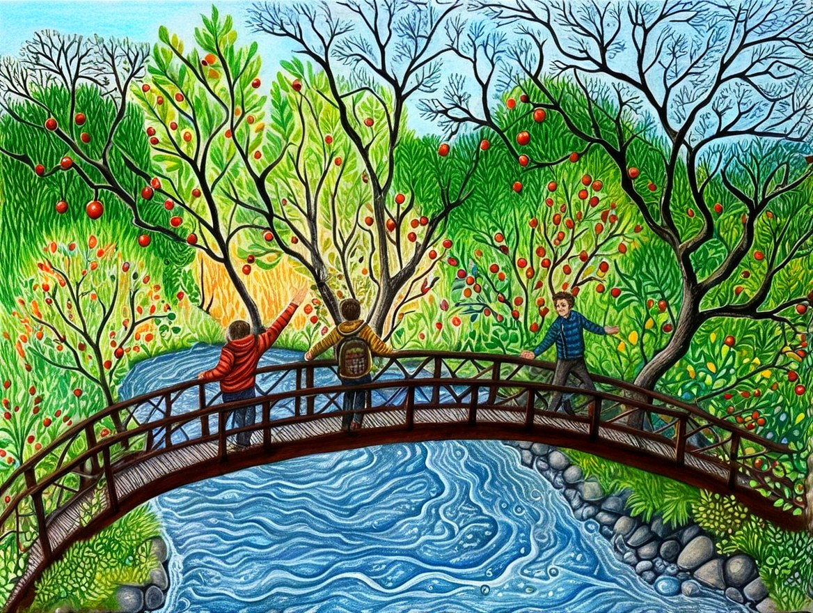 Children on a Bridge Over a Stream in a Colorful Landscape