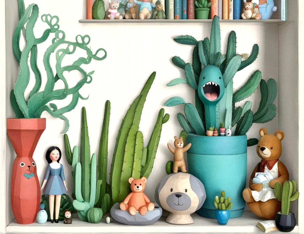 Whimsical Shelf with Colorful Decor and Plants