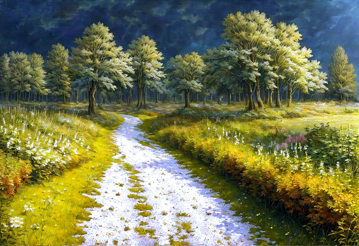 Winding Dirt Path Through Lush Greenery and Wildflowers