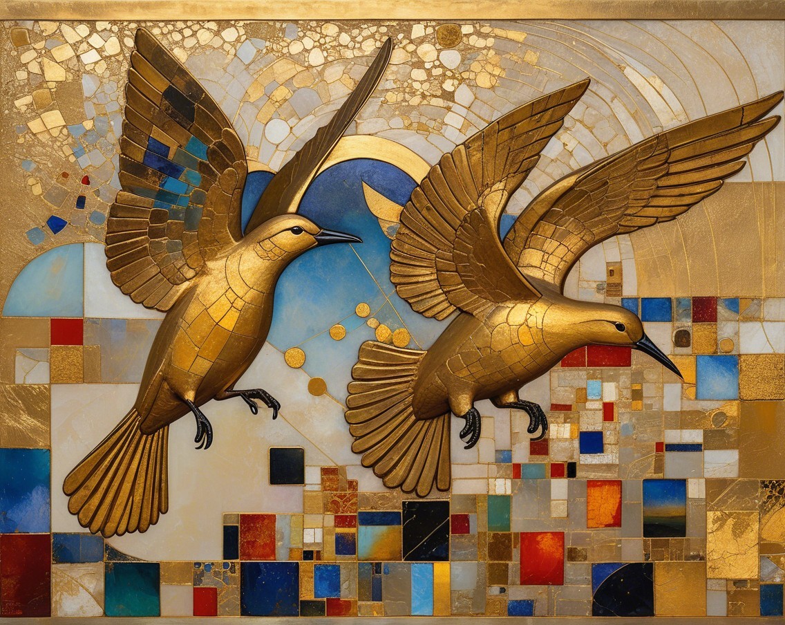 Stylized Gold Birds in Flight Against Abstract Colors