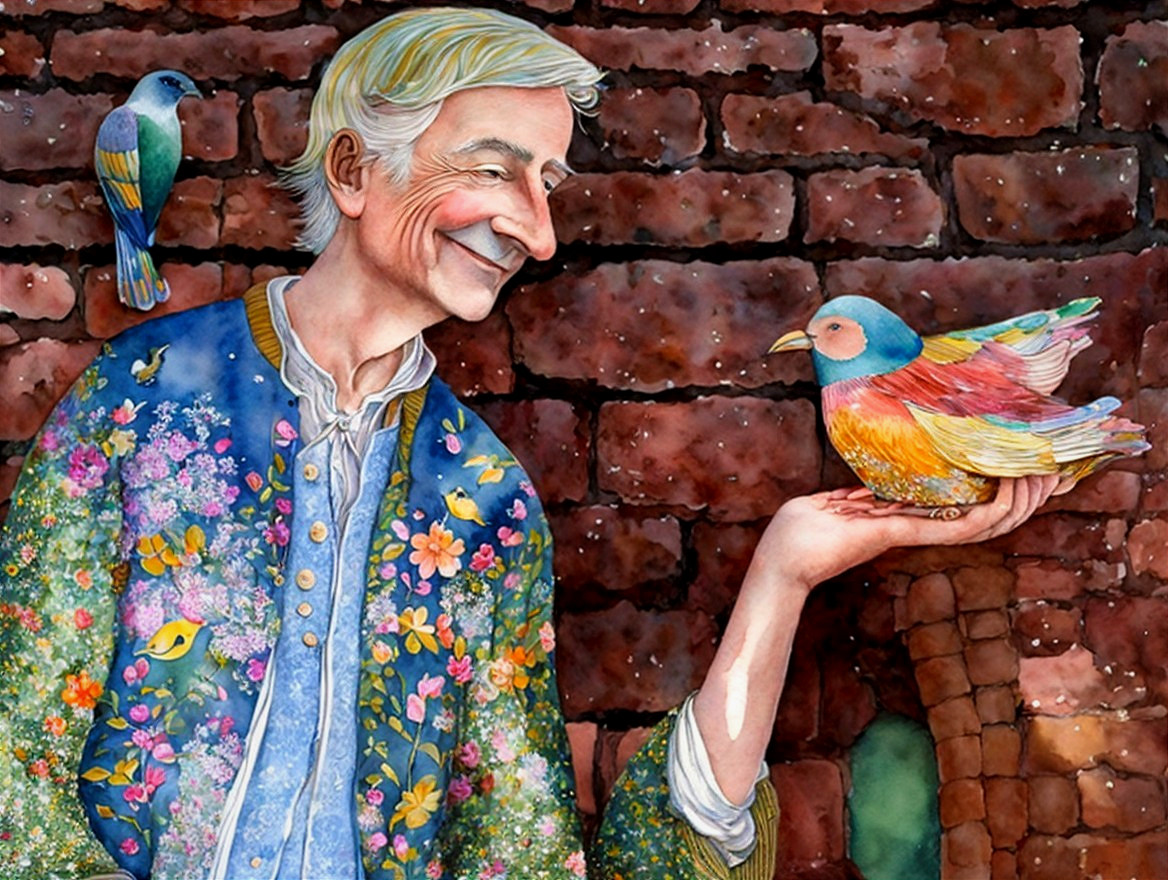 Elderly man with colorful birds by a brick wall