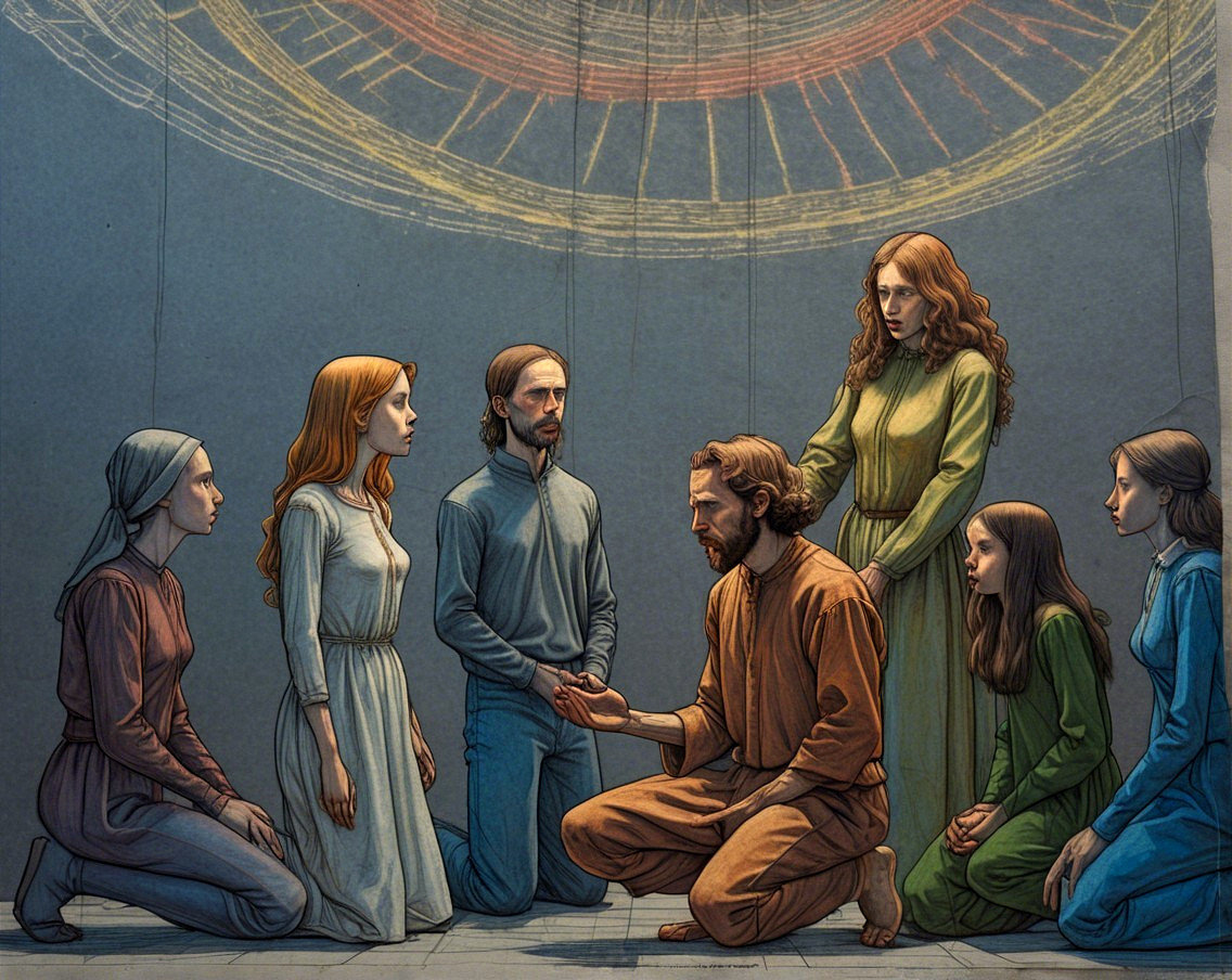 Gathering of Six in Dimly Lit Spiritual Setting