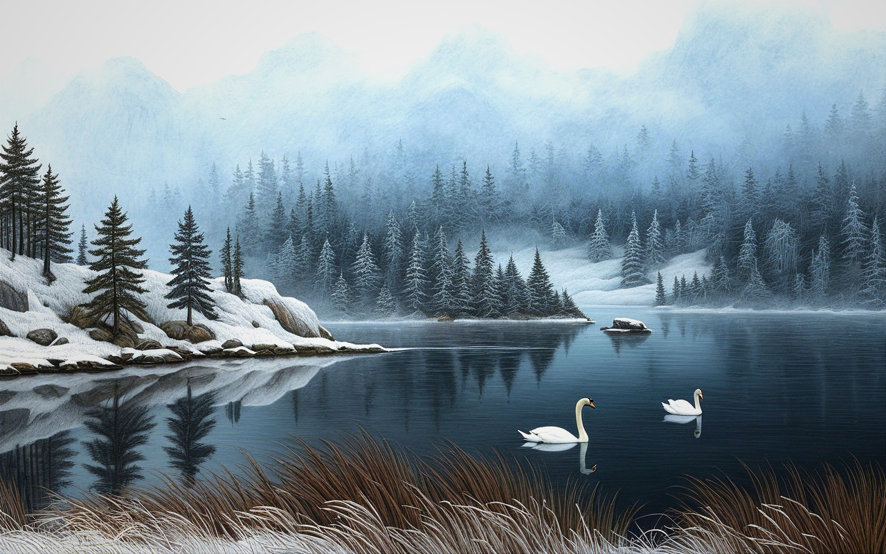 Serene Winter Landscape with Swans and Mountains