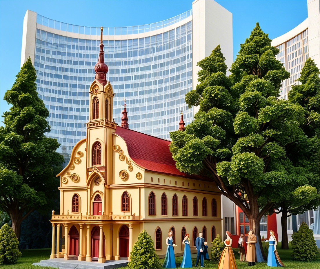 Detailed Model of Historic Church with Modern Background