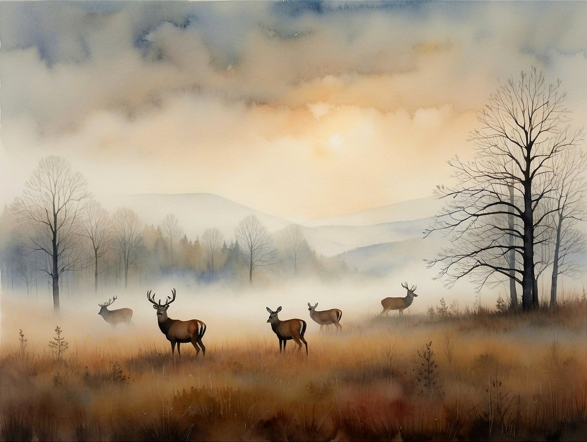 Misty Morning Forest Landscape with Grazing Deer