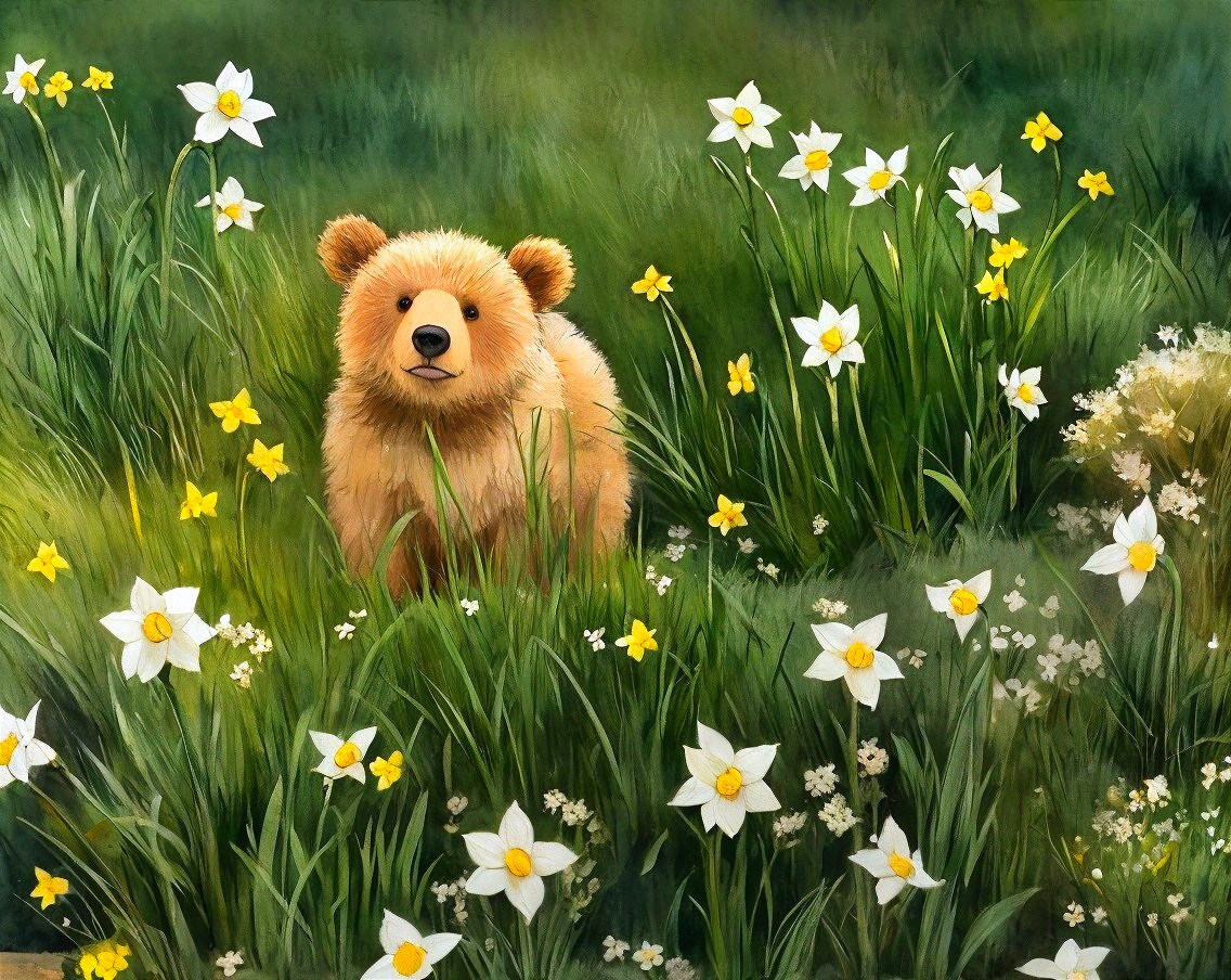 Bear Cub in Vibrant Wildflower Field Scene