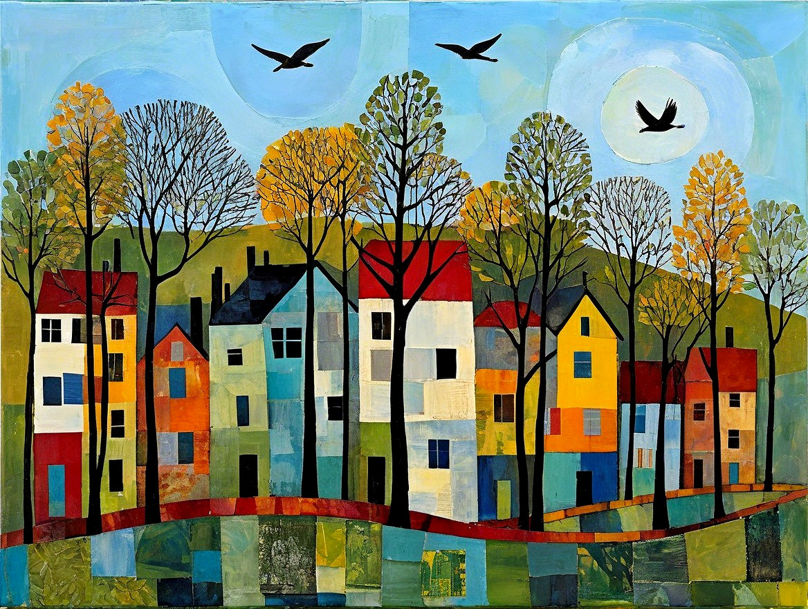 Vibrant Abstract Landscape with Colorful Houses and Trees