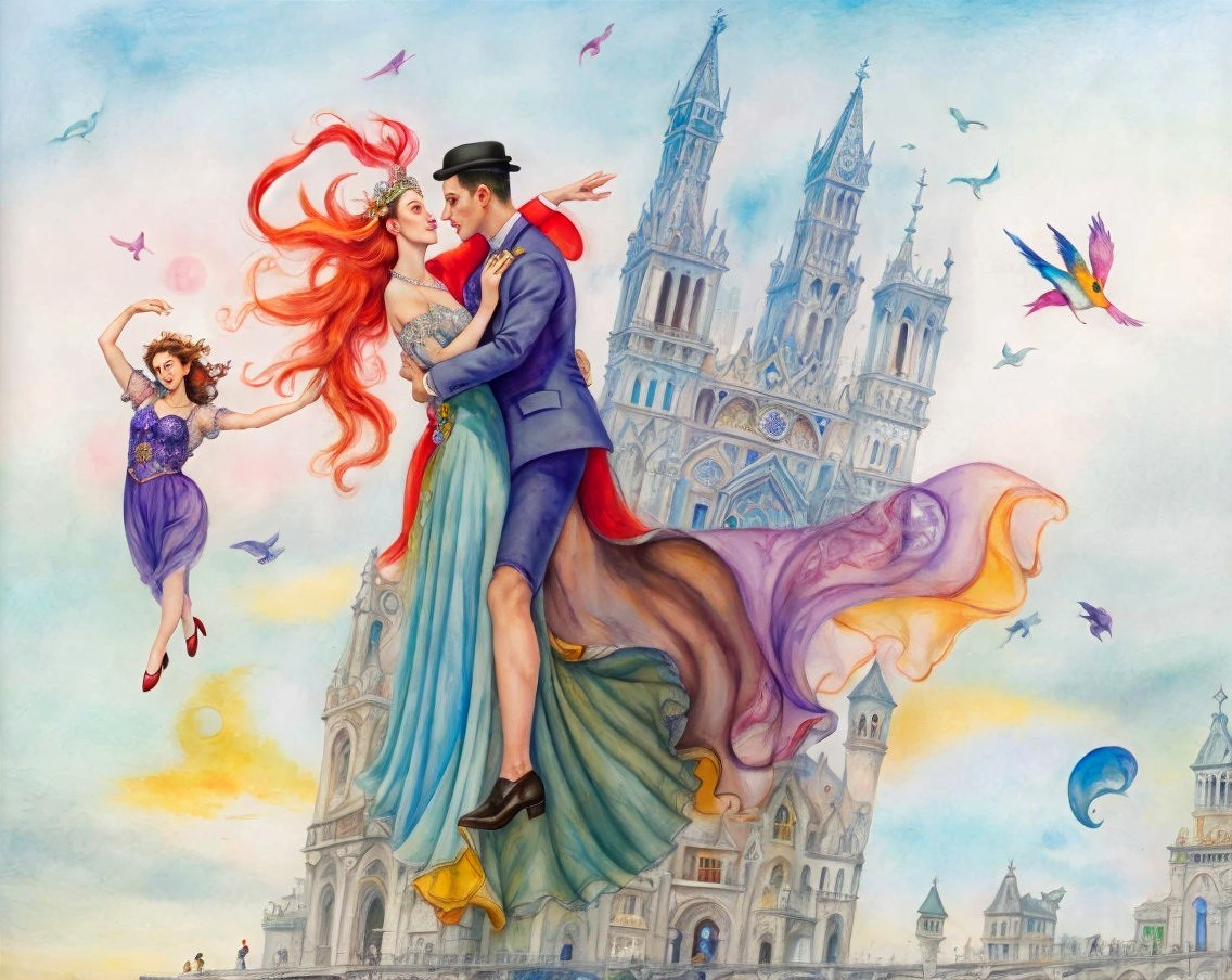 Romantic Couple Dancing in a Dreamlike Landscape