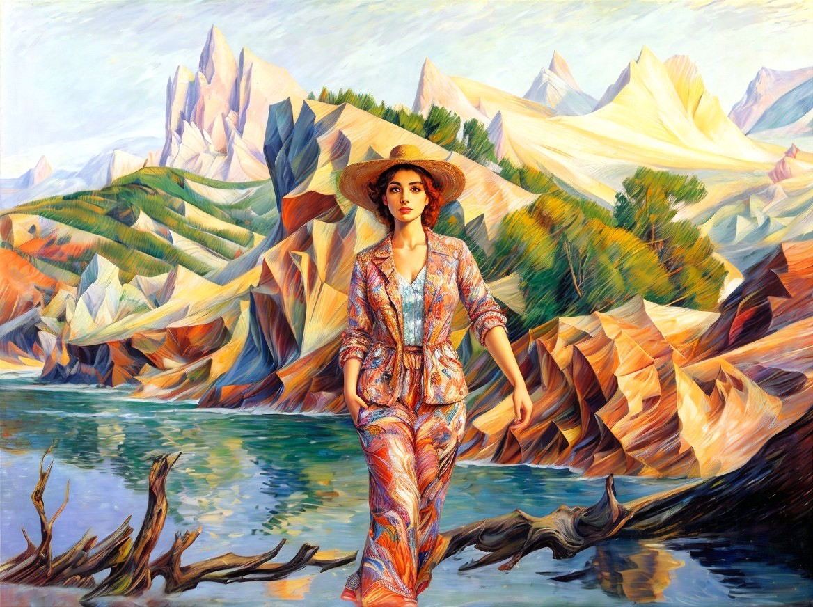 Vibrant Painting of Woman by Serene Lake and Mountains