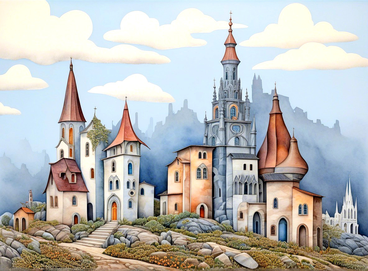 Whimsical Landscape with Fairy-Tale Castles and Houses