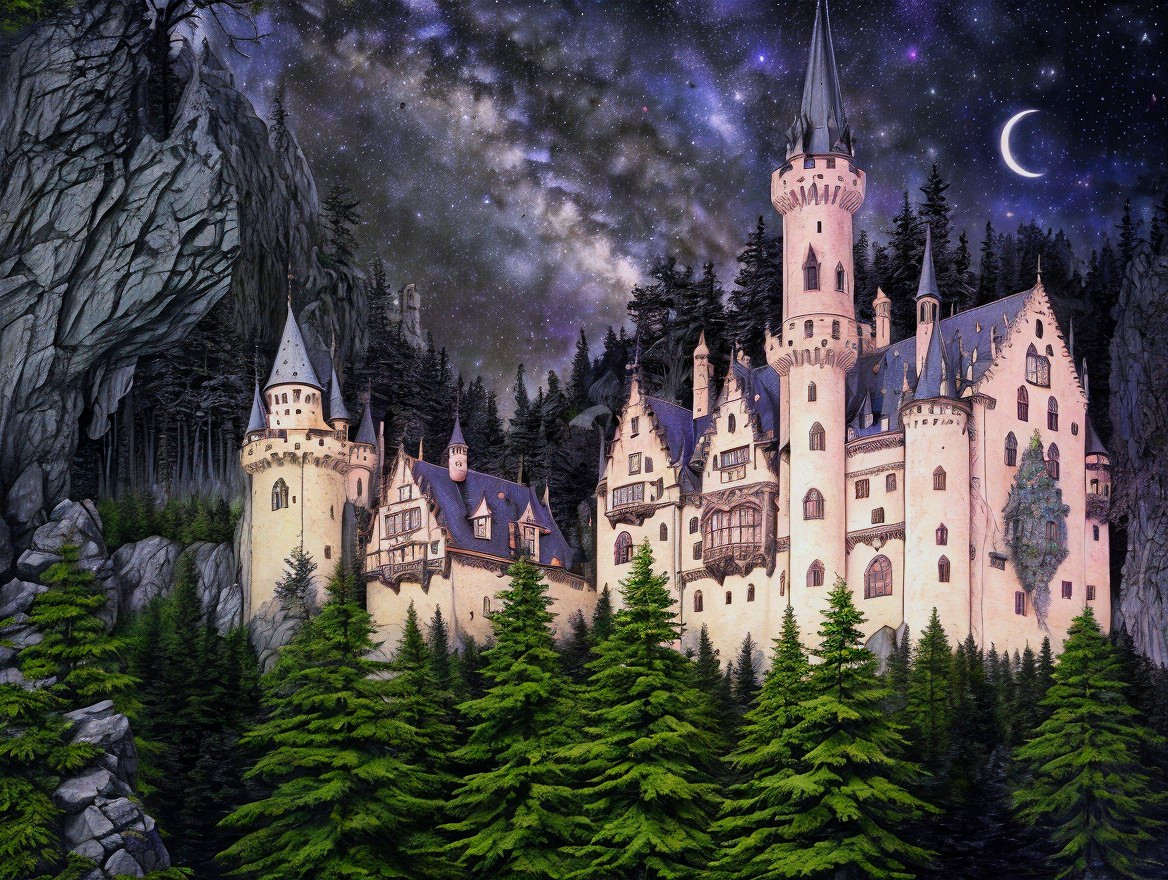 Castle in pine forest under starry night sky with crescent moon