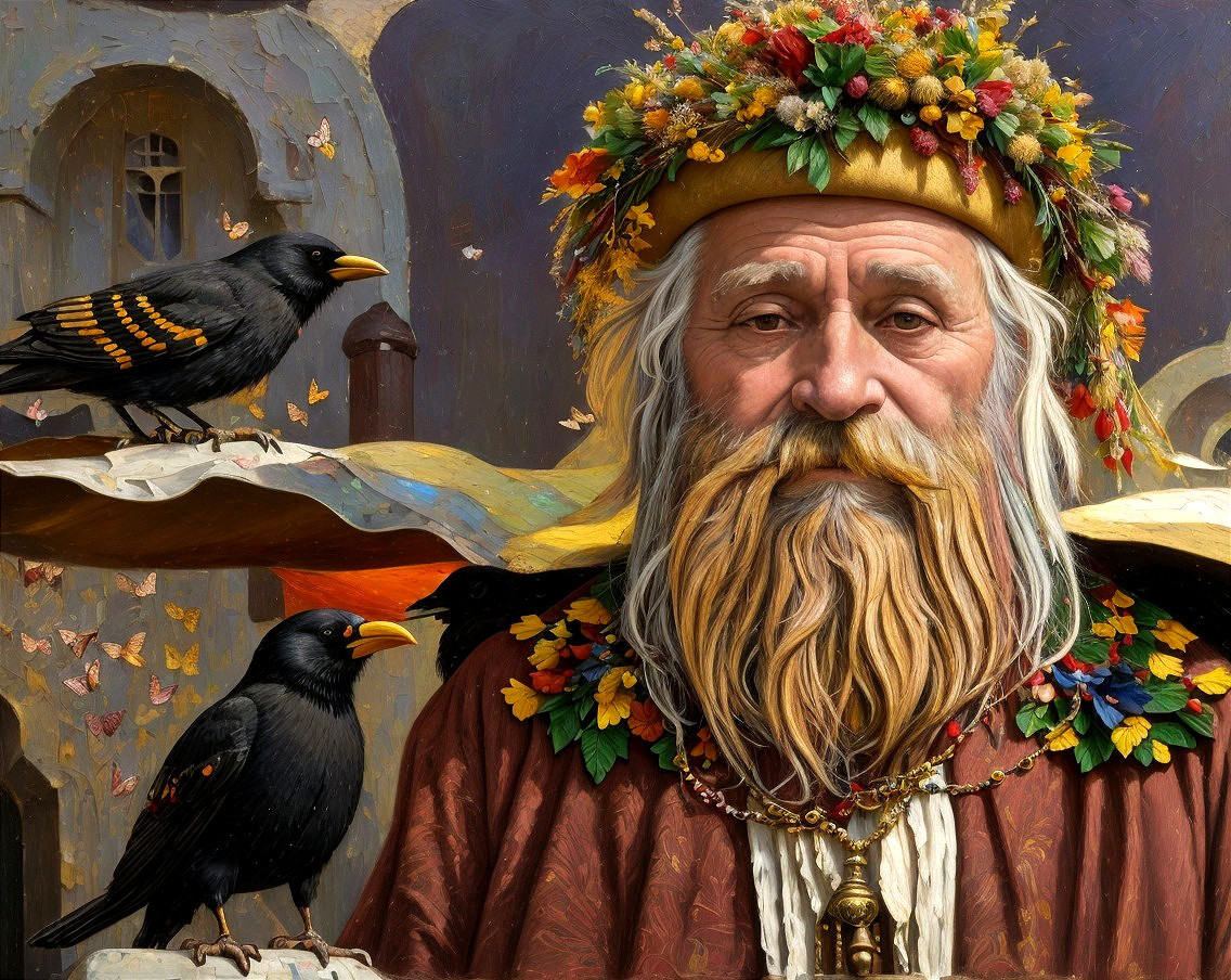 Elderly man with floral beard in a whimsical setting